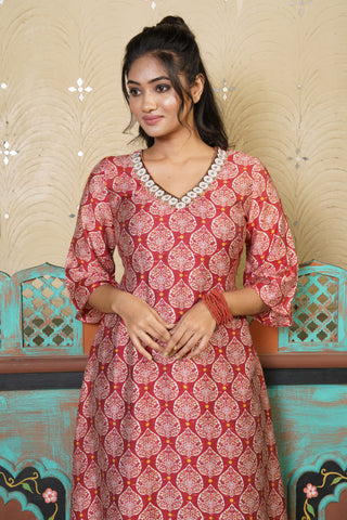 Silky Terrier - Earthy Red Zari Polka Block Print Kurta