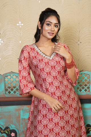 Silky Terrier - Earthy Red Zari Polka Block Print Kurta