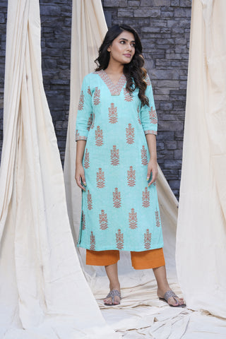 Thread Game - Timeless Sea Blue Hand Blocked Natural Cotton Kurta