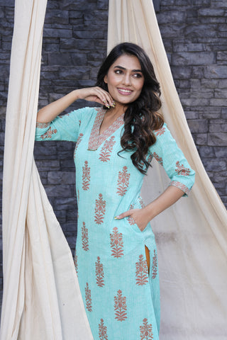 Thread Game - Timeless Sea Blue Hand Blocked Natural Cotton Kurta