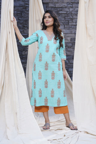Thread Game - Timeless Sea Blue Hand Blocked Natural Cotton Kurta