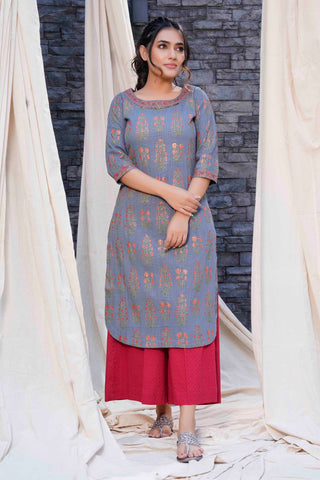 Thread Game - Timeless - Gray Hand Blocked Natural Cotton Kurtas