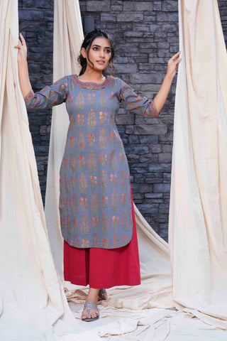 Thread Game - Timeless - Gray Hand Blocked Natural Cotton Kurtas