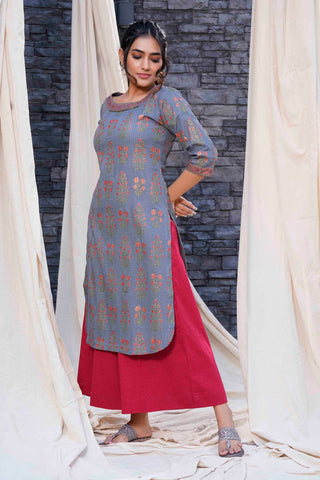 Thread Game - Timeless - Gray Hand Blocked Natural Cotton Kurtas