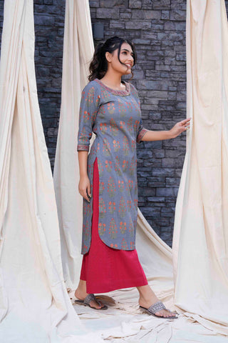 Thread Game - Timeless - Gray Hand Blocked Natural Cotton Kurtas