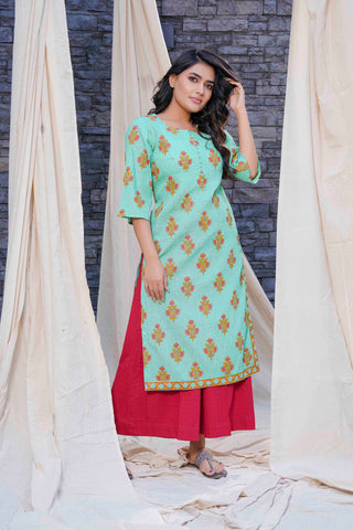 Thread Game - Timeless - Mint Green Hand Blocked Natural Cotton Kurtas
