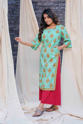 Thread Game - Timeless - Mint Green Hand Blocked Natural Cotton Kurtas