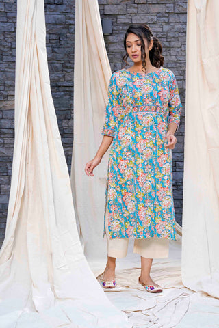 Thread Game - Timeless - Blue Hand Blocked Natural Cotton Kurta