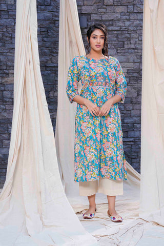 Thread Game - Timeless - Blue Hand Blocked Natural Cotton Kurta