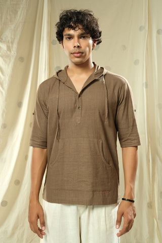 Hand Woven - Hand Spun Half Sleeve Organic Hooded Men Kurta