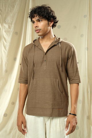 Hand Woven - Hand Spun Half Sleeve Organic Hooded Men Kurta