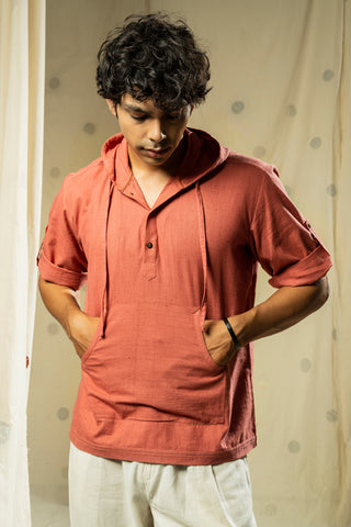 Hand Woven - Hand Spun Half Sleeve Organic Hooded Men Kurta