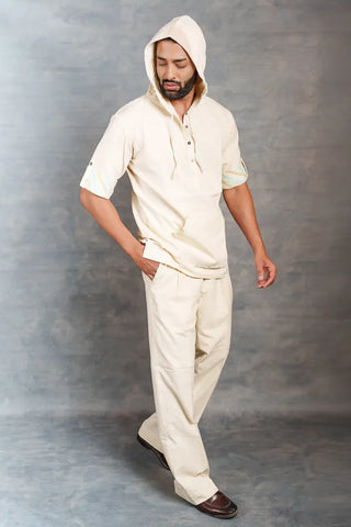 Handwoven Khadi Hoodie with Hand Applique & half Sleeves – Artisan Made