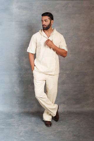 Handwoven Khadi Hoodie with Hand Applique & half Sleeves – Artisan Made