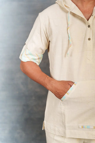 Handwoven Khadi Hoodie with Hand Applique & half Sleeves – Artisan Made