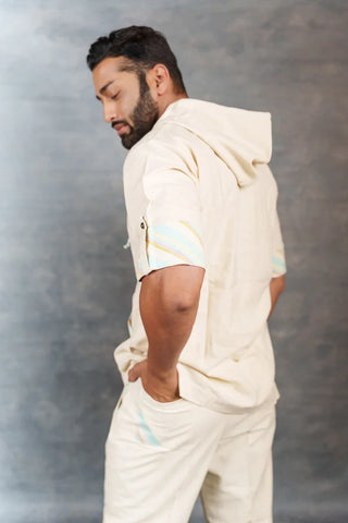 Handwoven Khadi Hoodie with Hand Applique & half Sleeves – Artisan Made