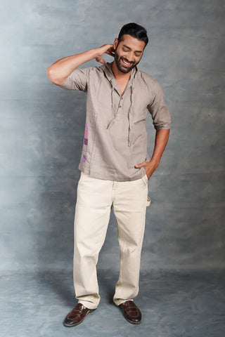 Half Sleeve Khadi Shirt with Hand-Applique & Hood