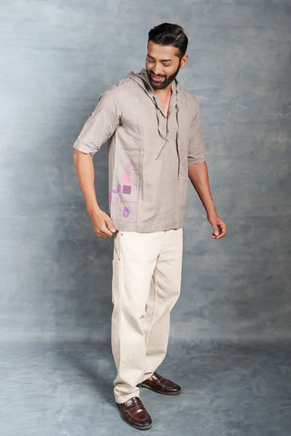 Half Sleeve Khadi Shirt with Hand-Applique & Hood