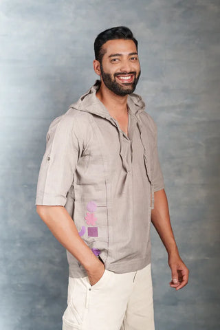 Half Sleeve Khadi Shirt with Hand-Applique & Hood