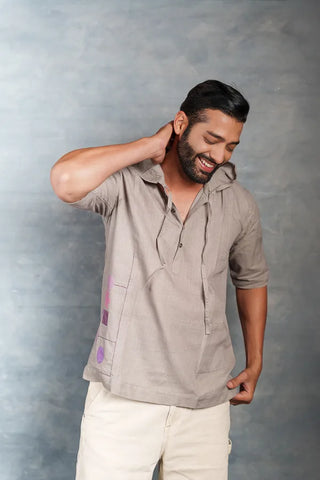 Half Sleeve Khadi Shirt with Hand-Applique & Hood