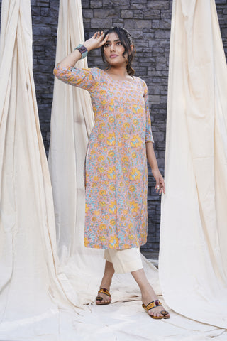 Organic - Yellow and Sea Green Hand Blocked Natural Cotton Kurta