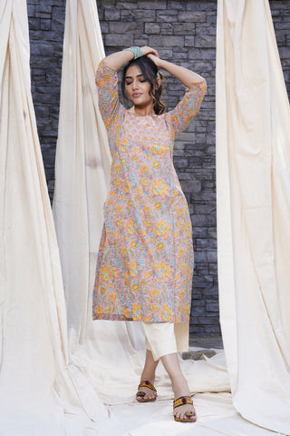 Organic - Yellow and Sea Green Hand Blocked Natural Cotton Kurta