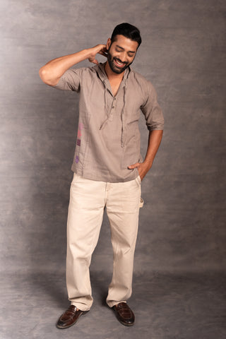 Short sleeve khadi shirt with hand-applique & hood - hoodie