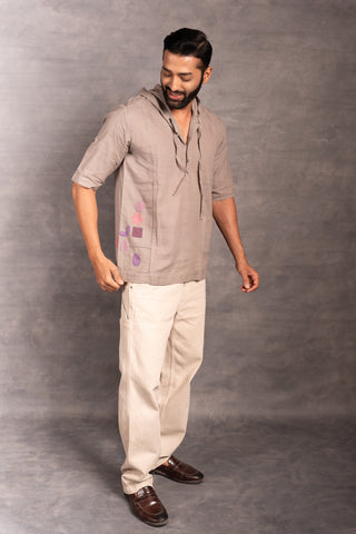 Short sleeve khadi shirt with hand-applique & hood - hoodie