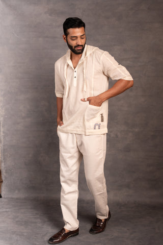 Handwoven khadi hoodie with applique detailing