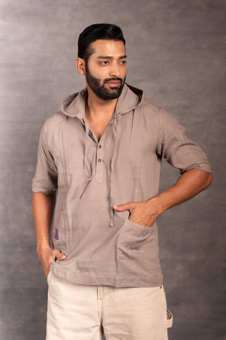 Short sleeve khadi shirt with hand-applique & hood - hoodie