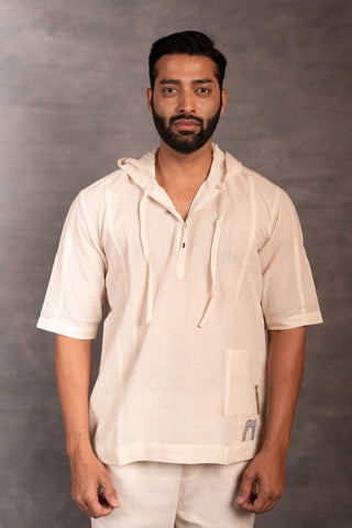 Handwoven khadi hoodie with applique detailing