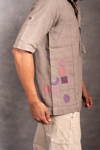 Short sleeve khadi shirt with hand-applique & hood - hoodie