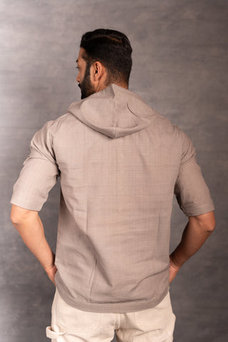 Short sleeve khadi shirt with hand-applique & hood - hoodie