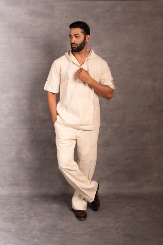 Handwoven khadi hoodie with hand applique & foldable full sleeves – artisan made - dress