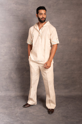 Handwoven khadi hoodie with hand applique & foldable full sleeves – artisan made - dress