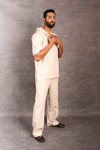 Handwoven khadi hoodie with hand applique & foldable full sleeves – artisan made - dress