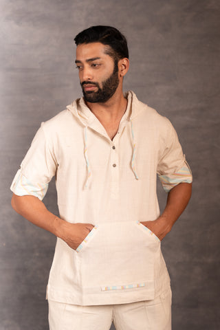 Handwoven khadi hoodie with hand applique & foldable full sleeves – artisan made - dress