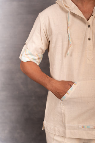 Handwoven khadi hoodie with hand applique & foldable full sleeves – artisan made - dress