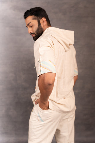 Handwoven khadi hoodie with hand applique & foldable full sleeves – artisan made - dress