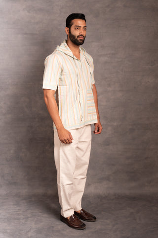 The artisan’s grid: handwoven khadi hoodie shirt with applique & pockets - men’s