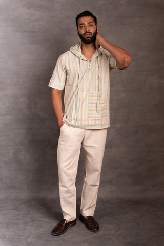 The artisan’s grid: handwoven khadi hoodie shirt with applique & pockets - men’s