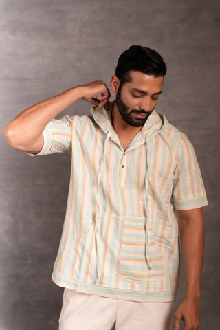 The artisan’s grid: handwoven khadi hoodie shirt with applique & pockets - men’s