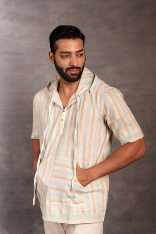 The artisan’s grid: handwoven khadi hoodie shirt with applique & pockets - men’s