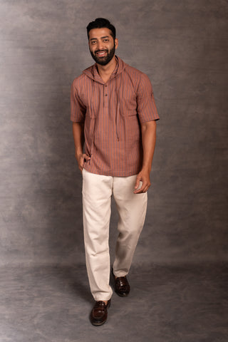 Handcrafted khadi hoodie shirt with straight-line detailing