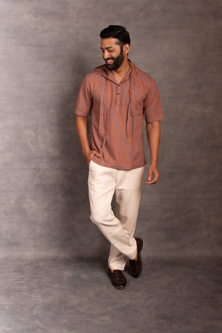 Handcrafted khadi hoodie shirt with straight-line detailing