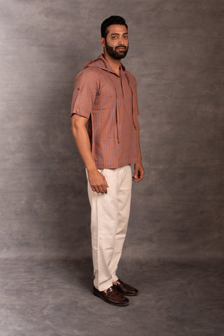 Handcrafted khadi hoodie shirt with straight-line detailing