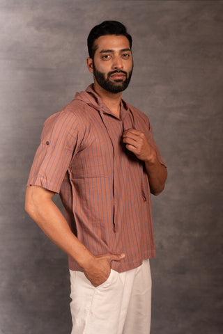 Handcrafted khadi hoodie shirt with straight-line detailing