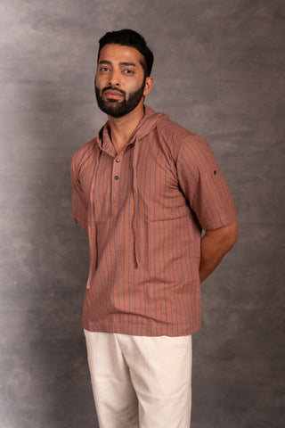 Handcrafted khadi hoodie shirt with straight-line detailing