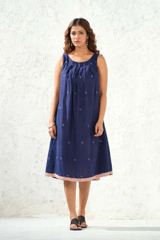 Jamdani - Navy Blue Self Weaved Long Dress