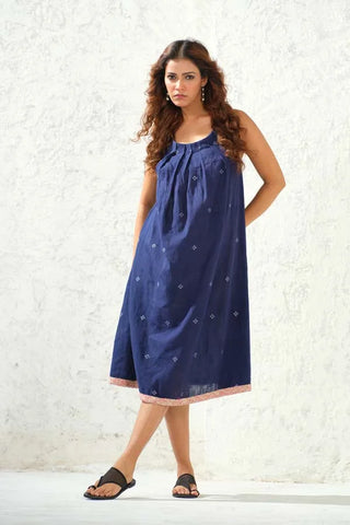 Jamdani - Navy Blue Self Weaved Long Dress